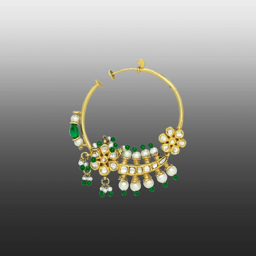 Polki Hoop Nath with Pearls, Emerald Beads, and Foral Motifs